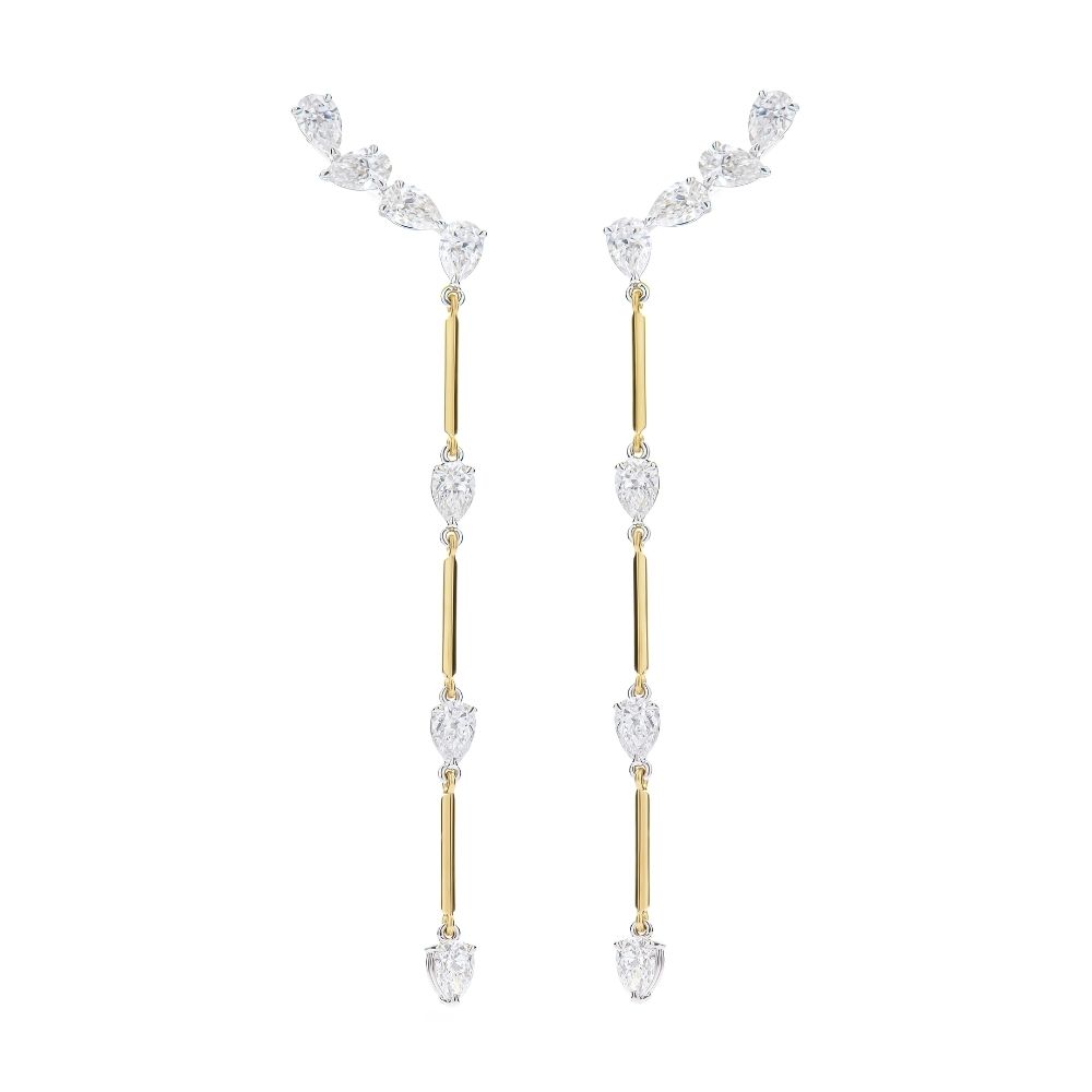 Phillips House Platinum and 18k Yellow Gold Pear Ear Climbers With Pear Diamond Drops